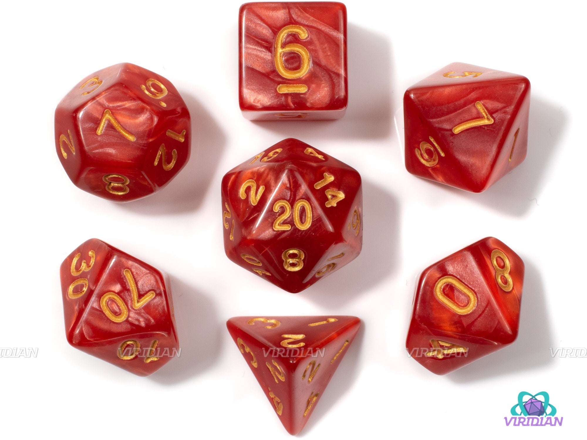 Red Pearl | Pearled w Gold Ink Swirled Acrylic Dice Set (7) | Dungeons and Dragons (DnD)