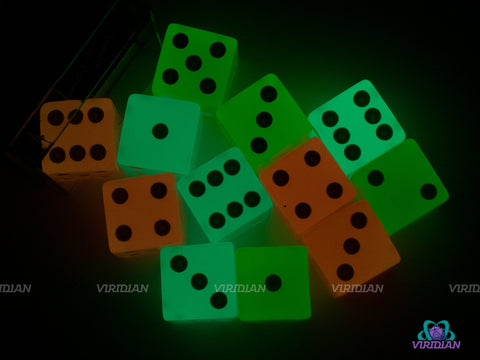 Assorted Glow In The Dark | (12) 16mm Yellow, Orange, Green-Blue Acrylic Pipped D6 Dice