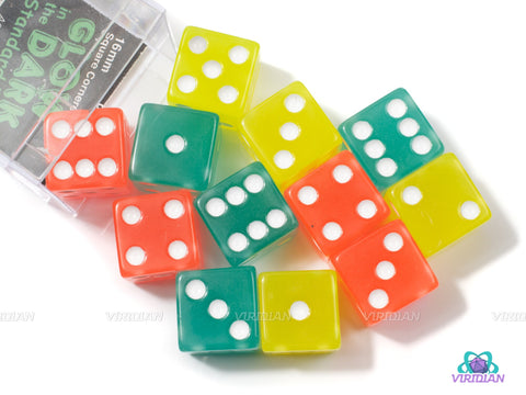 Assorted Glow In The Dark | (12) 16mm Yellow, Orange, Green-Blue Acrylic Pipped D6 Dice