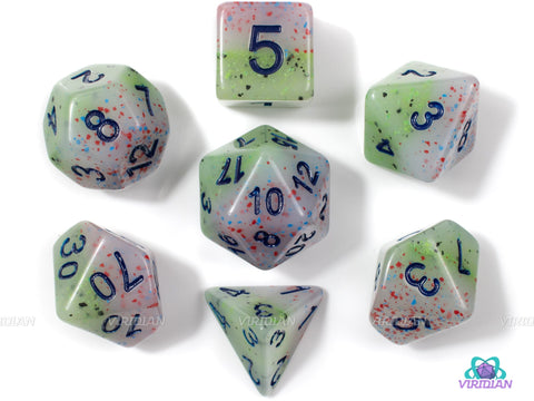 Hyacinth Seed (Black Ink) | Purple Green Speckled Acrylic Dice Set (7) | Dungeons and Dragons (DnD)