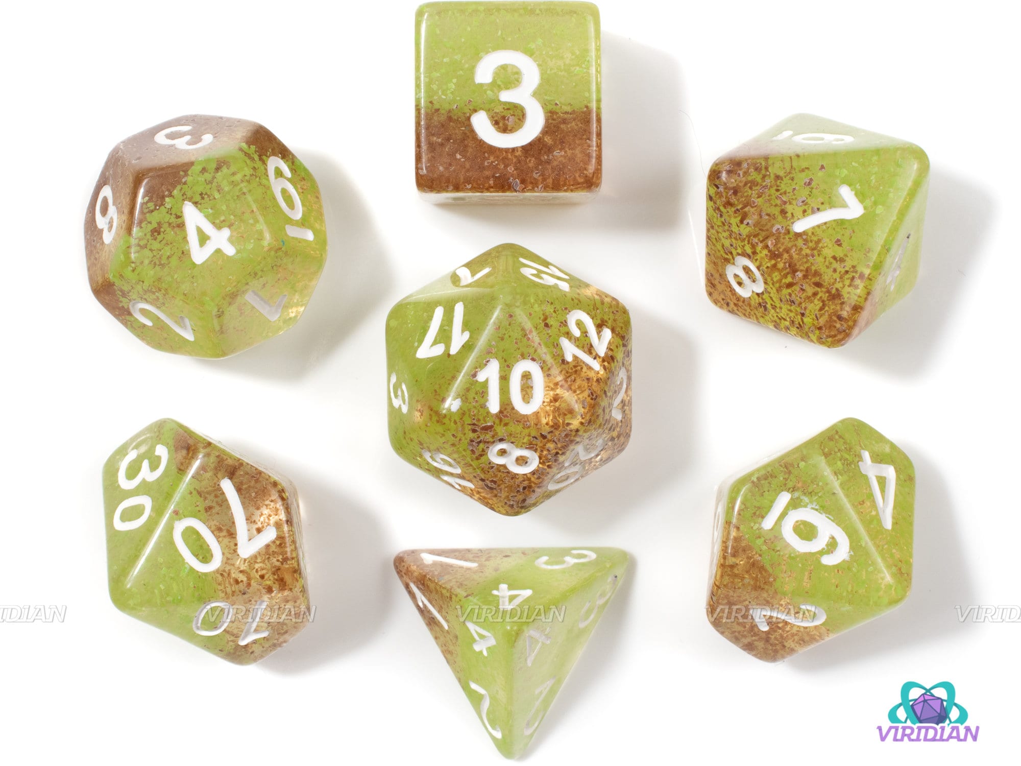Wet Marsh | Green & Brown Speckled Dust Acrylic Dice Set (7) | Dungeons and Dragons (DnD)