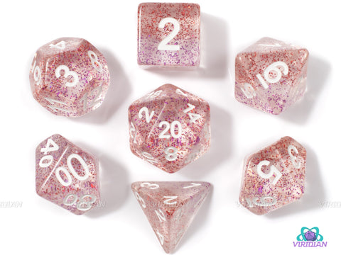 Cherry Ice | Clear with Red and Purple Speckles Acrylic Dice Set (7) | Dungeons and Dragons (DnD)