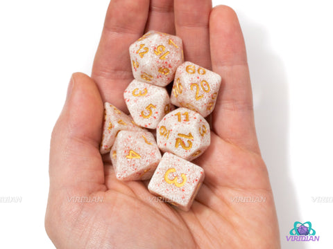 Sphinx's Lair | White, Gold and Red Speckled Dust Acrylic Dice Set (7) | Dungeons and Dragons (DnD)