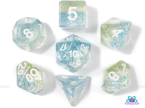 Wellspring | Clear with Green and Blue Speckles Acrylic Dice Set (7) | Dungeons and Dragons (DnD)