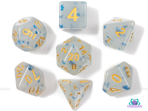 Knight Artorias | White, Translucent and Blue Speckled Acrylic Dice Set (7) | Dungeons and Dragons (DnD)