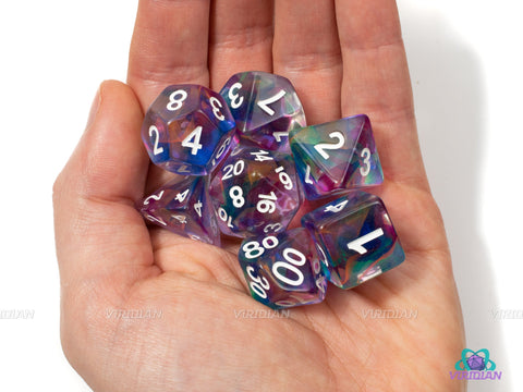 Sea Anemone | Purple, Pink, Blue and Green, Nebula Swirls Translucent | Clear Resin Dice Set (7)