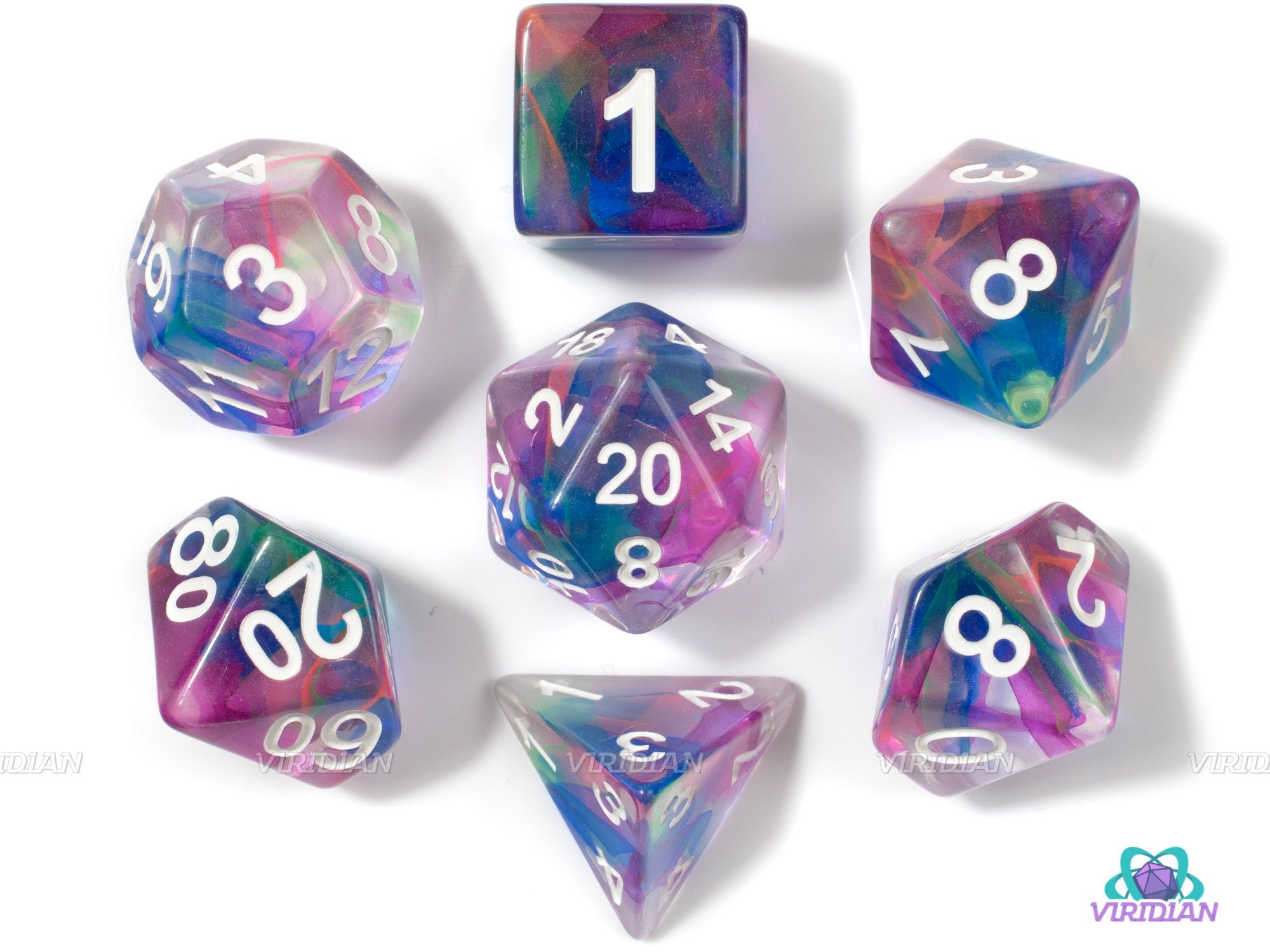 Sea Anemone | Purple, Pink, Blue and Green, Nebula Swirls Translucent | Clear Resin Dice Set (7)