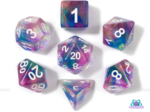 Sea Anemone | Purple, Pink, Blue and Green, Nebula Swirls Translucent | Clear Resin Dice Set (7)