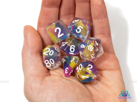 Beach Faire | Clear Resin Dice Set (7) | Blue Yellow Pink Ribbon