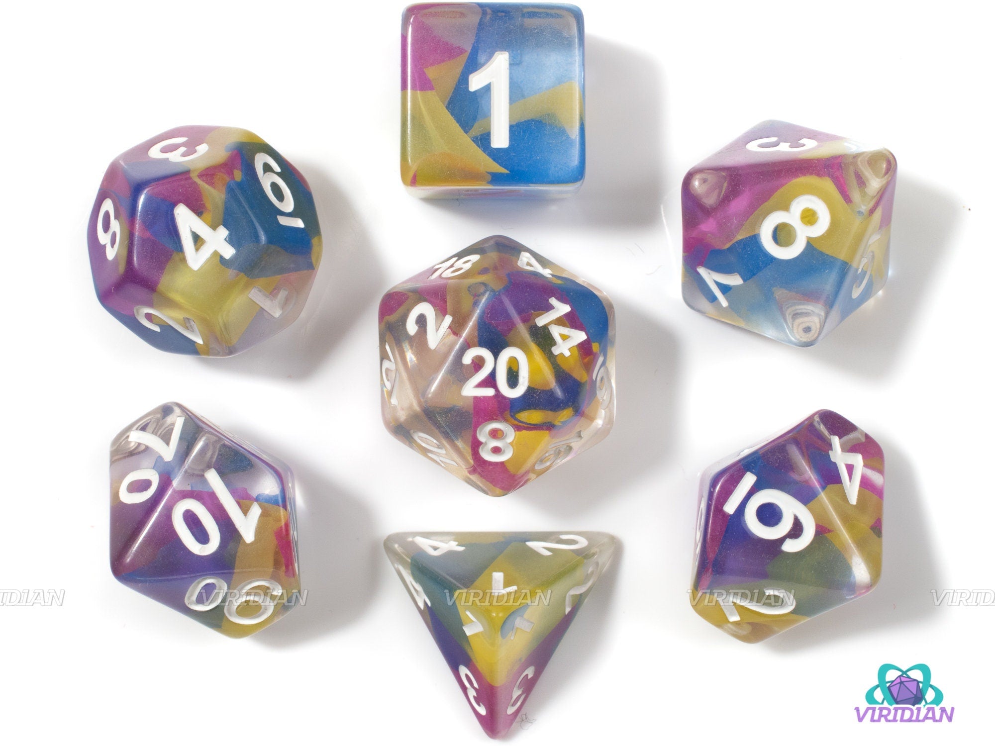 Beach Faire | Clear Resin Dice Set (7) | Blue Yellow Pink Ribbon