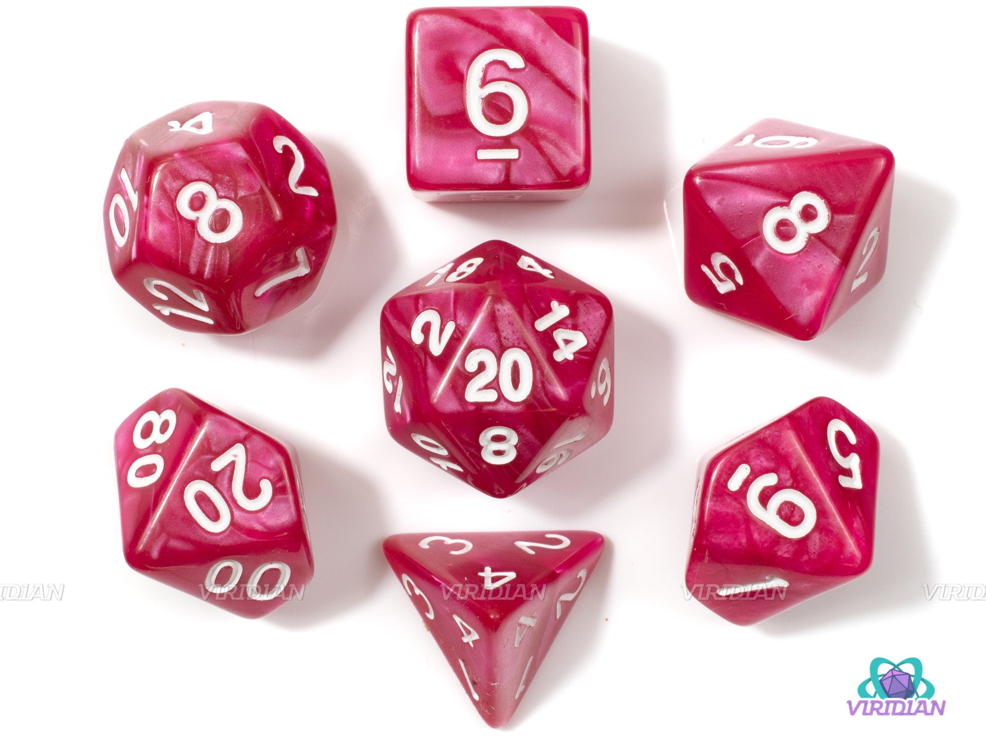 Pink Hero | Hot Red-Pink, Pearled Acrylic Dice Set (7) | Dungeons