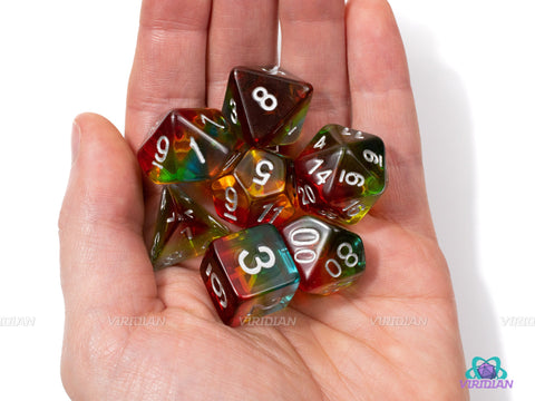 Fish Food | Red, Yellow and Blue Layered Acrylic Dice Set (7) | Dungeons and Dragons (DnD)