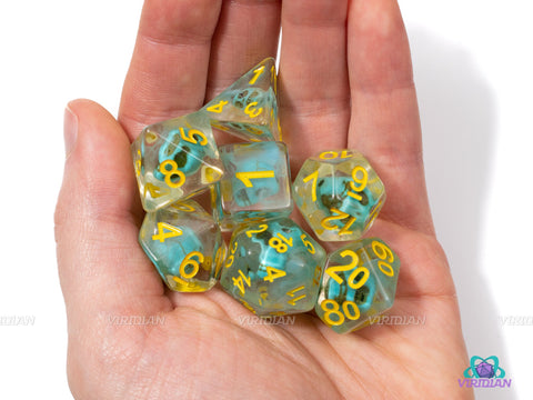 Frostbite | Blue Skull Inside Clear Resin Dice Set (7) | Dungeons and Dragons (DnD)