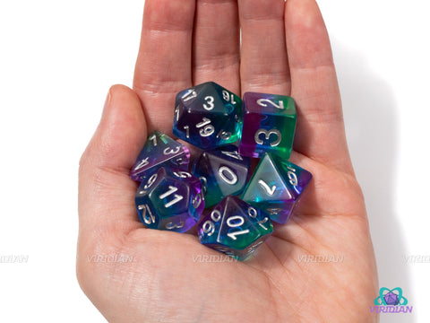 Tropical Sunset | Purple, Blue, Green Layered Acrylic Dice Set (7) | Dungeons and Dragons (DnD)