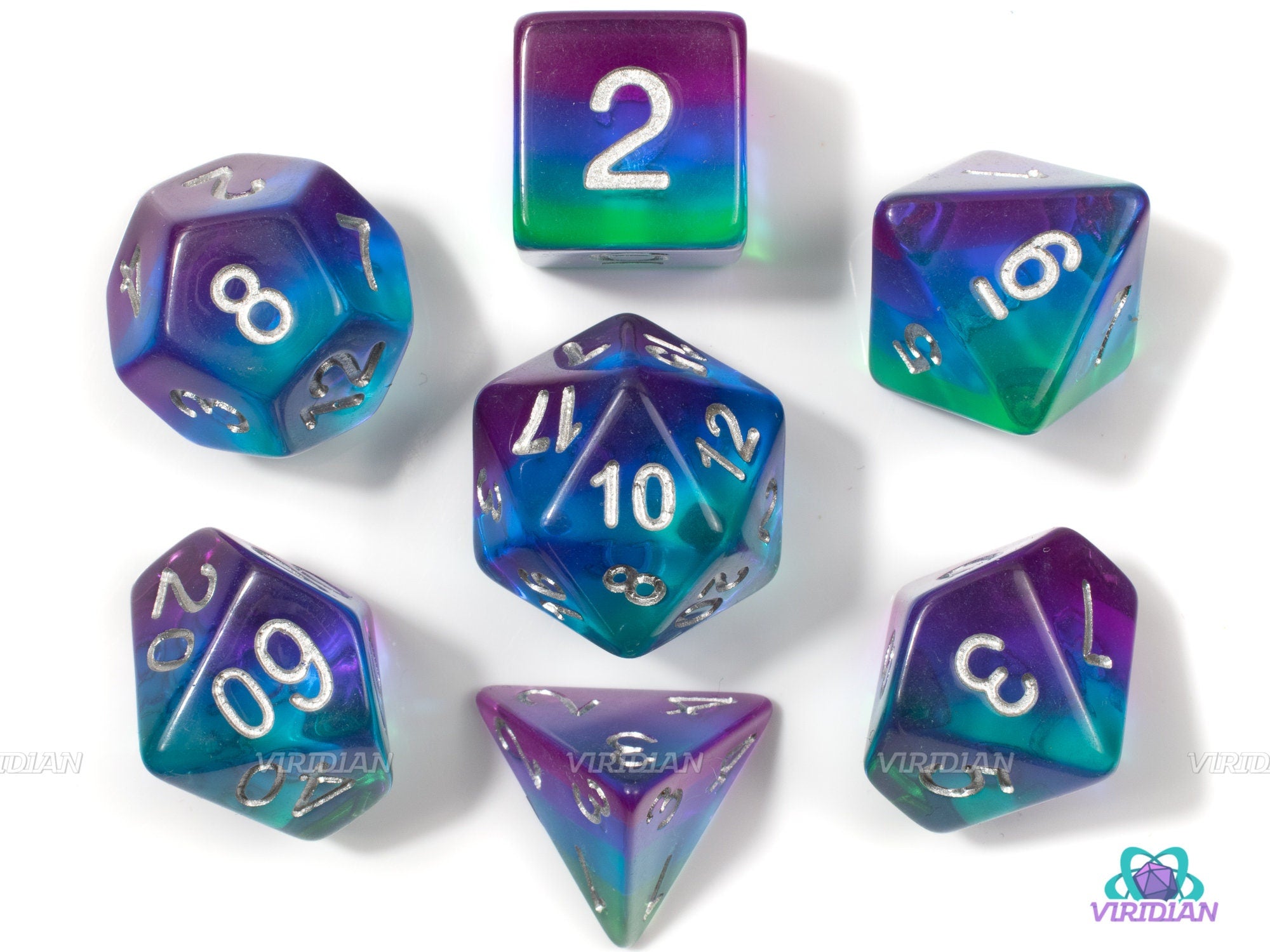 Tropical Sunset | Purple, Blue, Green Layered Acrylic Dice Set (7) | Dungeons and Dragons (DnD)
