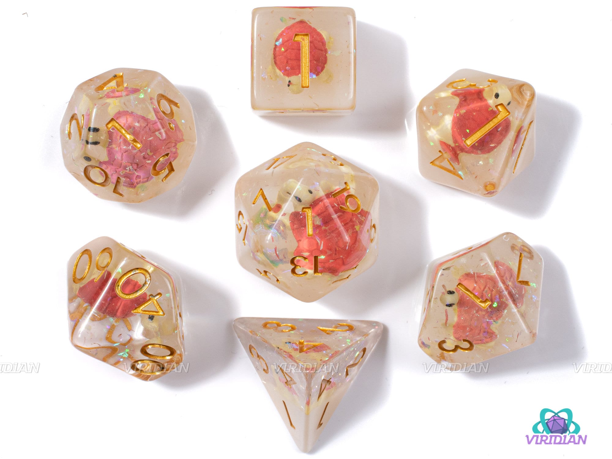 Koopa Troopa | Turtle Charm Inside | Red, White, Clear Resin Dice Set (7) | Dungeons and Dragons (DnD)