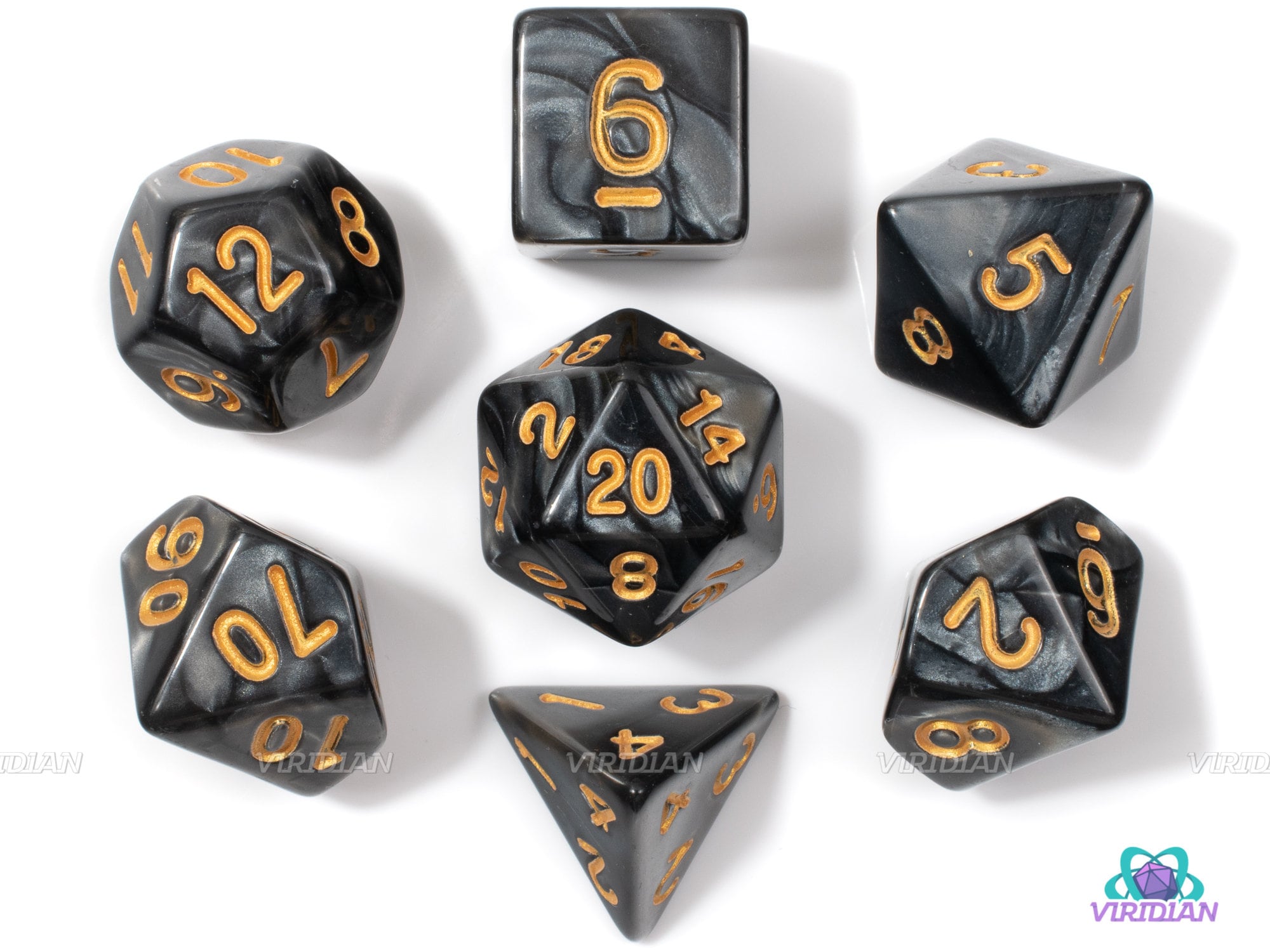 Crown of Madness | Pearled Black Swirled Acrylic Dice Set (7)