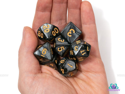 Crown of Madness | Pearled Black Swirled Acrylic Dice Set (7)