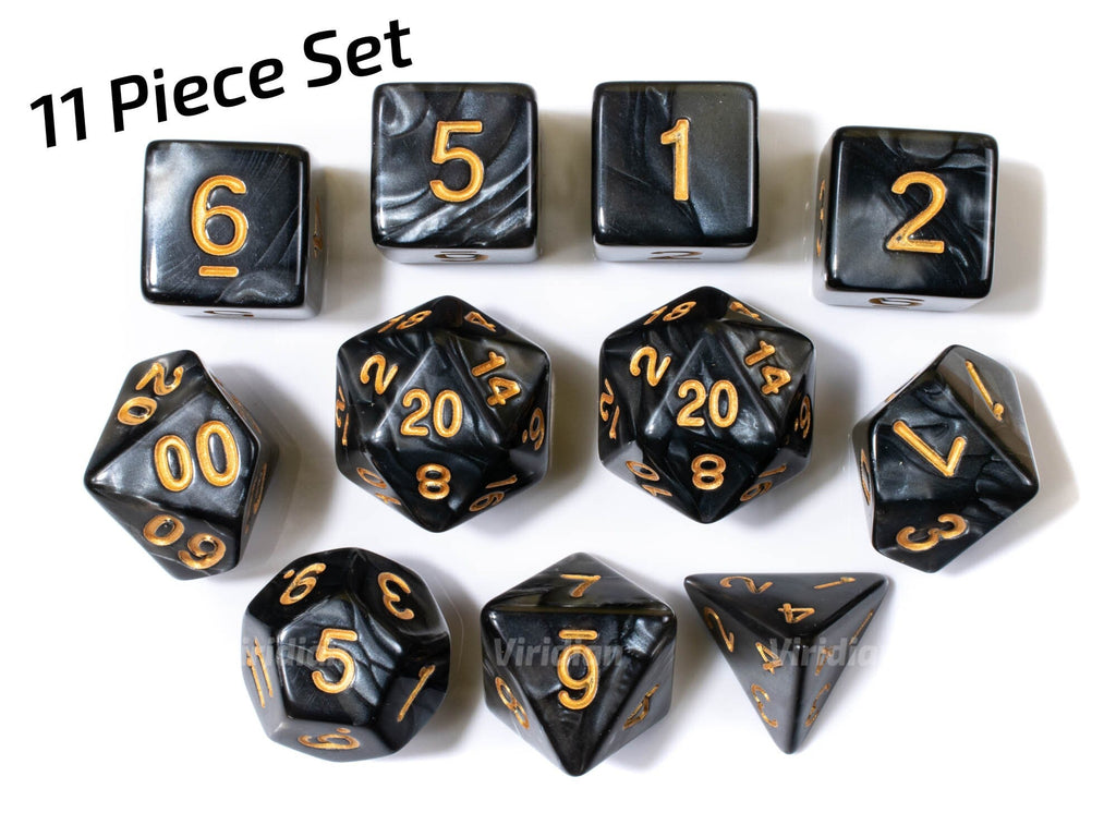 Black acrylic DnD dice set 11 piece with gold numbers for tabletop role-playing games